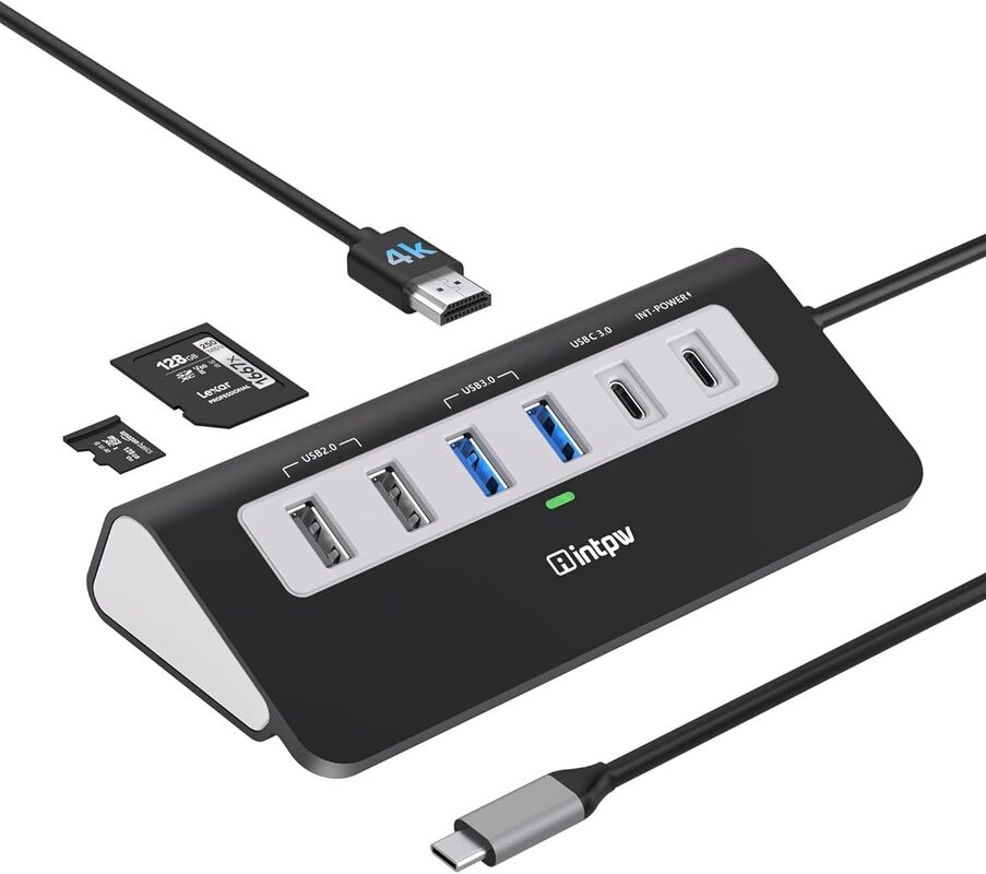 Dual USB‑C Plug‑in Multiport Adapter for MacBook Pro/Air, 100W PD Pass‑Through, SD/TF Card Reader, 2×USB‑A 3.0, Aluminum Compact Dongle for M1 M2 M3 M4